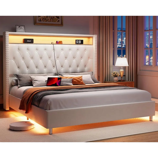 Queen Size Bed Frame with Charging Station Upholstered Frame with Headboard Motion Activated Night Light Bed