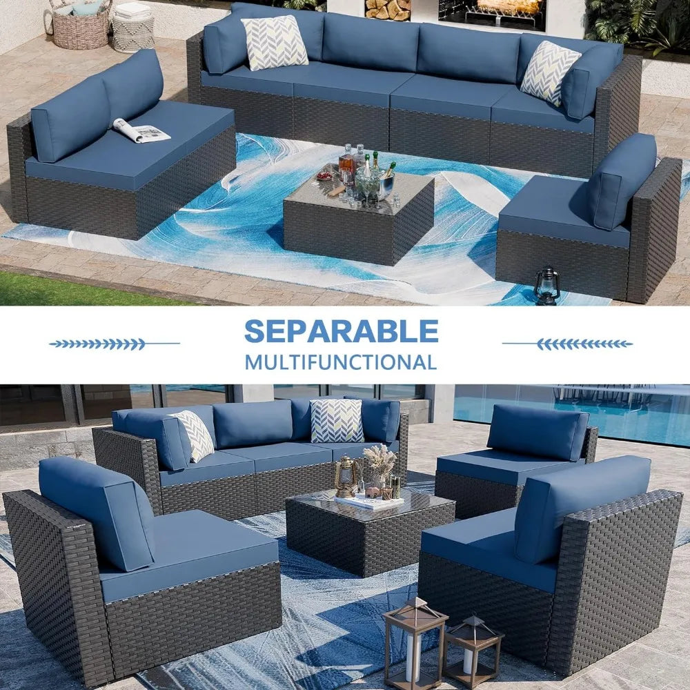 7 Pieces Outdoor Sectional Sofa Couch with Washable Cushions & Glass Coffee Table
