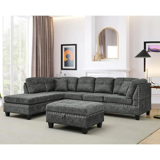 Sectional Sofa with Storage Ottoman,L-Shaped 2 Pillows