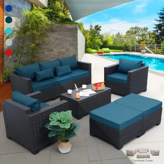 6 Pieces Couch Outdoor Chairs Coffee Table Peacock Blue Anti-Slip Cushions